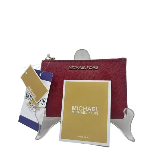 NWT Michael Kors Jet Set Travel Scarlet Leather Coinpouch Wallet Gold Accents - Picture 8 of 12